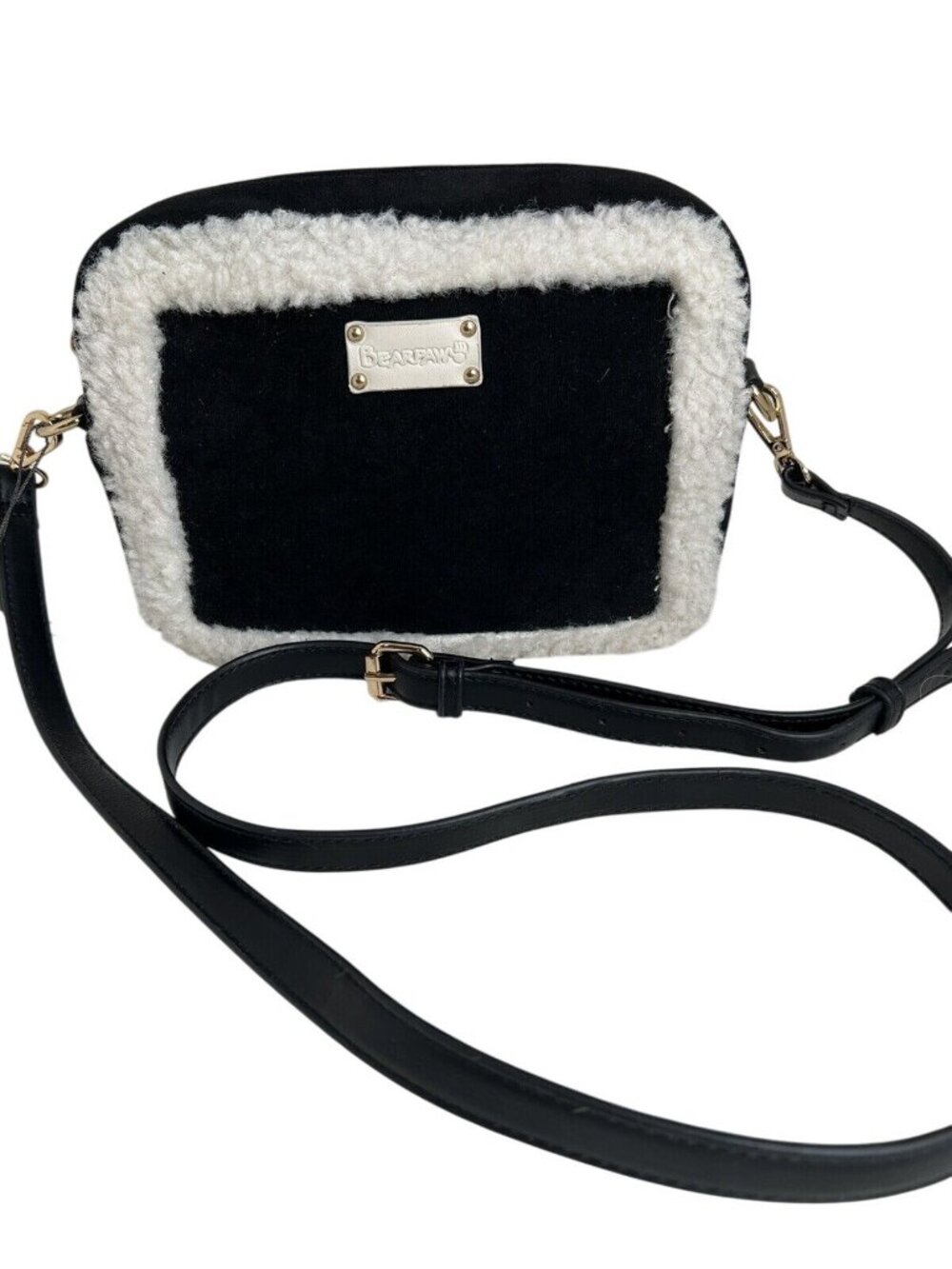 Bearpaw Crossbody Purse Black White Faux Shearling Suede  Adjustable Strap